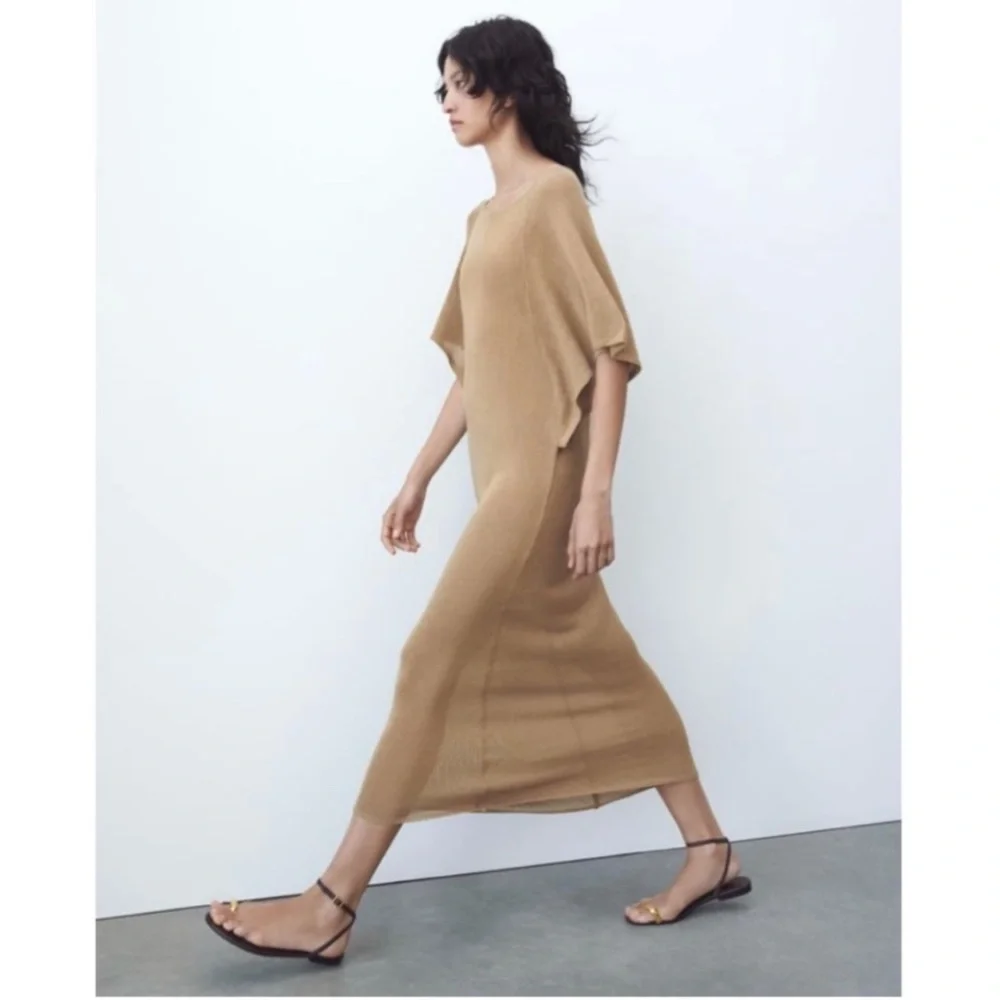 NWT Zara Elegant Tan Knit Dress - Picture 3 of 6